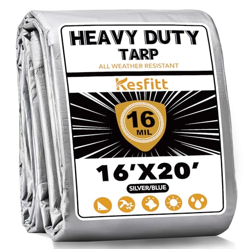 Kesfitt 16 Mil Heavy Duty Waterproof Tarp with Metal Grommets, 16x20 ft, Silver & Blue Reversible Poly Tarp for Outdoor Protection, Yard, Worksite, Equipment, Veicles,Pools Coverage - color: 16mil-silver, size: 16x20 ft