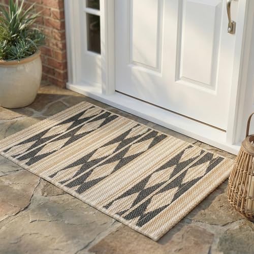 Fab Habitat Striped Non Slip Doormat - Durable, Thin - Recycled Plastic - Entryway, Front Door, Porch, Patio - Cairo - Natural & Black (24" x 36" Non-Slip) - color: Cairo - Natural & Black, size: 2' x 3' (Rectangular)