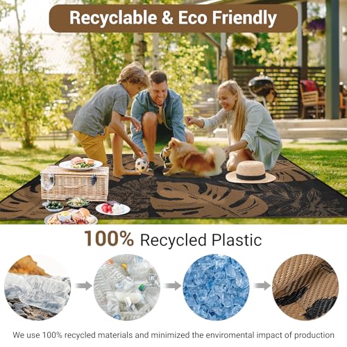 COZYLOOM Outdoor Rugs 8x10 Waterproof for Patios Reversible Plastic Straw Rug Leaf Pattern, Modern Area Rug for Outdoors Backyard Porch Balcony RV Deck Picnic Camping Beach Trailer, Black Brown - color: Leaf Black/Brown, size: 8'x10'