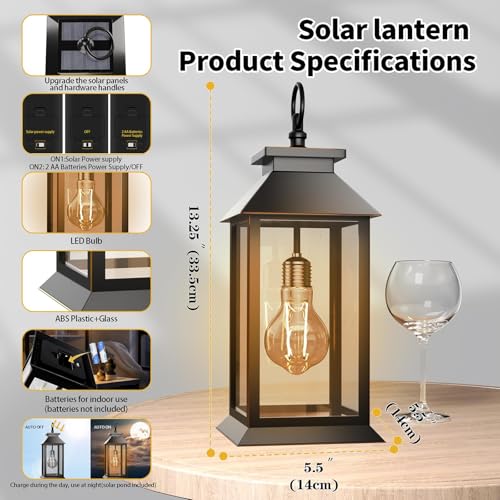 2 Pack Solar Lanterns Outdoor, Hanging Glass Solar Lights Waterproof, Dual Power Solar & 2*AA Battery, for Porch, Patio, Yard and Indoor Table or Mantel
