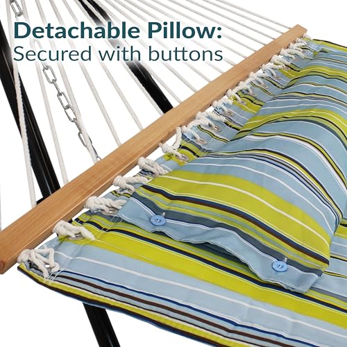 Sunnydaze Quilted Double Hammock for Outside with Spreader Bars and Pillow - 450 lb Capacity, 74x55 Inch Bed, UV Resistant, Quick Dry - Chains Included, Stand Sold Separately - Blue & Green - color: Blue and Green