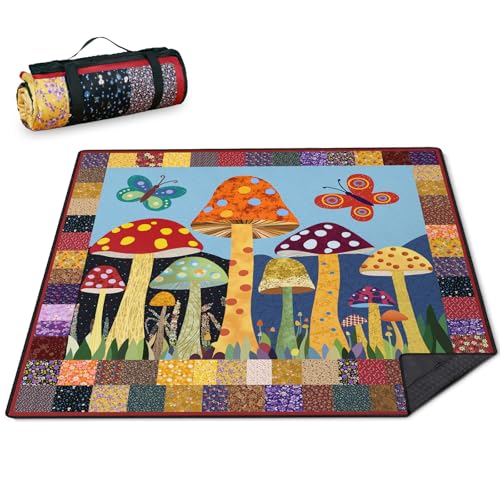 Mushroom Picnic Blankets Waterproof Foldable Picnic Outdoor Blanket 80"x 80" Picnic Mat 3-Layer Thicking Outdoor Foldable Blankets Sandproof Lightweight Beach Blankets with Strap Machine Washable - color: Mushroom05, size: 80*80in