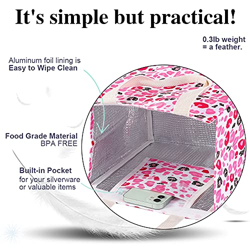 iknoe Insulated Lunch Bag for Women, 9L Sturdy Wide-Open Foldable & Portable Lunch Tote with Interior Pockets, Water-resistant Thermal Lunch Cooler for Adults (Pink Leopard Print) - color: leopard, size: Velcro Closure