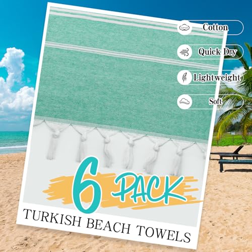 Eliamo Turkish Beach Towel Set of 6 Beach Towels Cotton Quick Dry Sand Free 36 x 71 inch Turkish Towel Oversized Lightweight Beach Towels Teal - color: Teal