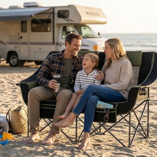 Heavy Duty Double Camping Chair with Padded Camping Loveseat – Oversized 2 Person Folding Camping Chair for Adults,Portable Camping Sofa with Cup Holders & Carry Bag for Outdoor Lawn, Beach or Patio