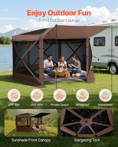 VEVOR Pop up Gazebo Screen Tent, 12 x 12 ft Large 6-Sided Camping Canopy Tent with Removable Top & Carry Bag, Quick-Set & Bite-Proof, Screen House Sun Shelter for 8-10 Persons Backyard Patio, Brown - color: Brown, size: 12 x 12 ft