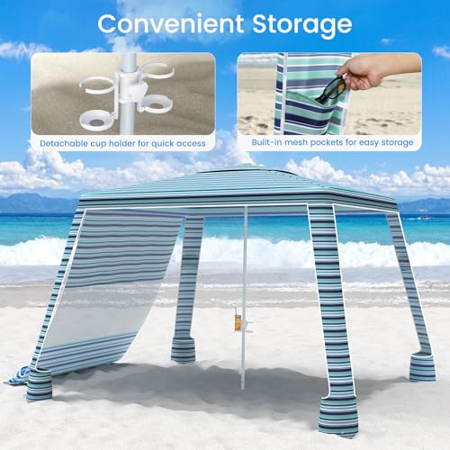 MoKo Beach Cabana, 8'×8' Large Beach Canopy with Side Wall, UPF 50+ Protection Easy Setup Beach Tent Sun Shelter, Adjustable Height Wind Resistant Cabana Beach Tent for Whole Family, Blue-Green Stripe - color: Blue-Green Stripe