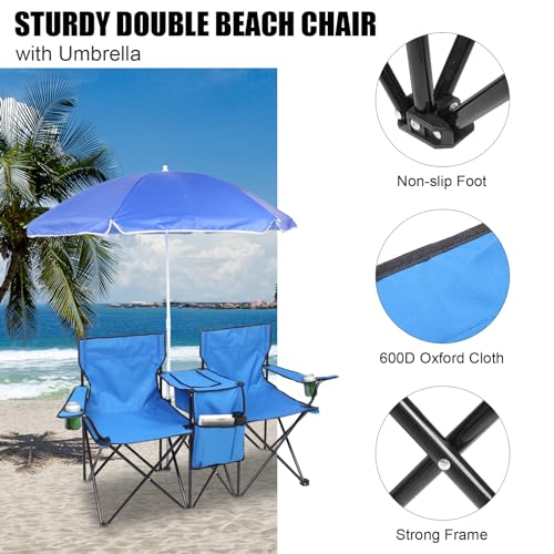 Outvita Folding Double Camping Chair w/Umbrella Beverage Holder Carrying Bag Cooler Fold Up Table, Large Bearing Capacity for Beach Patio Pool Park Outdoor Blue - color: Blue