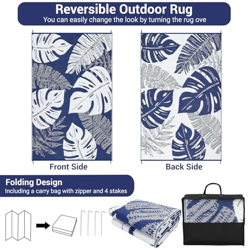 Garvee Outdoor Rugs 10x14 Patio Waterproof Straw Plastic Reversible Mat Leaf Tropical Camping Rug with 4 Stakes Portable Outdoor Area Rug for Porch Deck Rv Balcony Backyard Beach, Black&Brown - color: Leaf|navy&white, size: 10' x 14' (Rectangular)