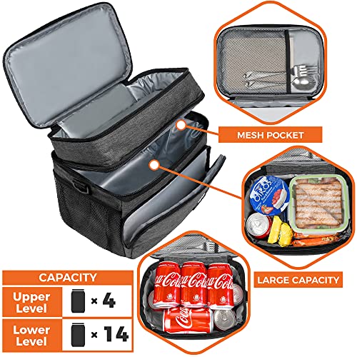 opux Insulated Lunch Bag for Men Women, Large Dual Compartment Cooler Bag, Soft Two Deck Lunch Box for Work School Picnic, Leakproof Lunch Tote with Strap for Kid Adult (Charcoal Gray, Double Deck) - color: Charcoal Gray, size: Double Deck