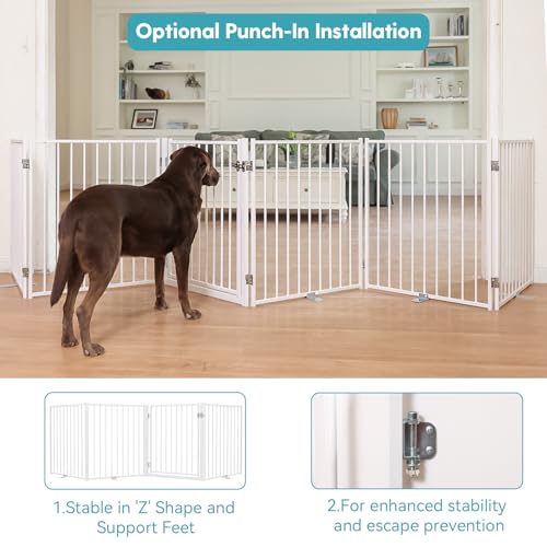 No Pawblems Free Standing Dog Gate with Door, 30'' Tall Foldable Dog Fence for Indoor & Outdoor, Up to 156 Inch Extra Wide Puppy Gate for Stairs, Hallways, Doorways, Deck, Yard (White, 6 Panels) - color: White, size: Up to 156" W, 6 Panels