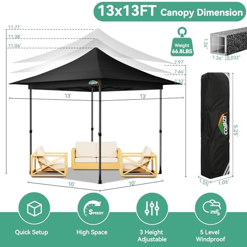 COBIZI 13x13 Pop Up Canopy Tent Heavy Duty with Sidewalls & Auto-Extending Eaves Outdoor Gazebo Easy Up for Backyard Party Commercial Events, All Weather Waterproof UV 50+ (Leg Upgraded) Black - color: Black, size: 13x13ft
