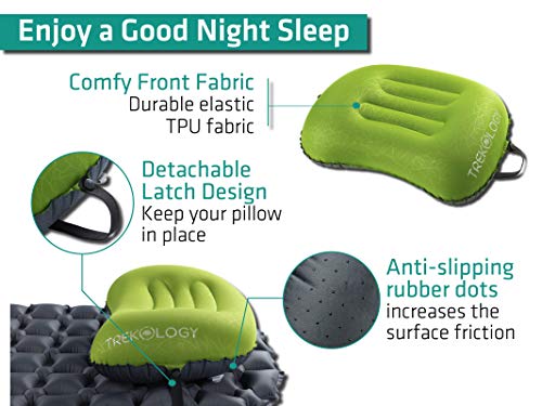 TREKOLOGY Ultralight Inflatable Camping Travel Pillow - ALUFT 2.0 Compressible, Compact, Comfortable, Ergonomic Inflating Pillows for Neck & Lumbar Support While Camp, Hiking, Backpacking - color: Green