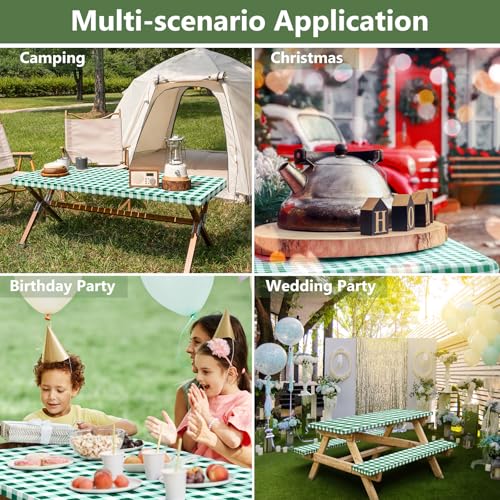 Picnic Table Cover with Bench Covers and Bag, Camping Table Camping Essentials Cover with Elastic Edges(Green) - color: Green