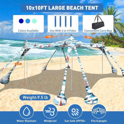 Beach Tent Sun Shelter 10x10ft Beach Canopy Easy Pop Up Sun Shade Portable UPF50+ with 8 Sandbags-2 Sand Shovel-4 Aluminum Poles-Ground Pegs for Outdoor Family Camping Fishing Backyard Picnic - color: Ocean Sailing, size: 10x10 FT 4 Pole