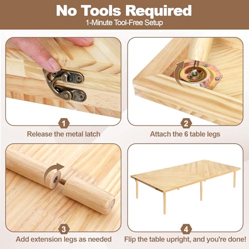 Folding Picnic Table 60x30in, Solid Wood Portable Low Floor Table, Mortise & Tenon Joints, Adjustable Height, Boho Table for Beach Camping Garden Party, Runner Included, Seats 4-6