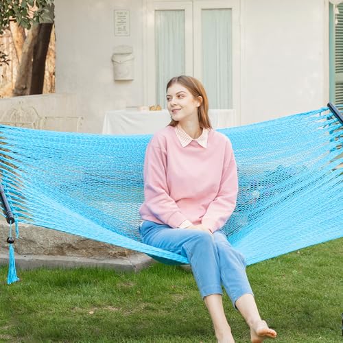 PNAEUT Double Rope Hammocks for Outside, Handwoven Double Caribbean Hammock with Spreader Bar for Outdoor Indoor, Max 600 lbs Capacity (Sky) - color: Sky
