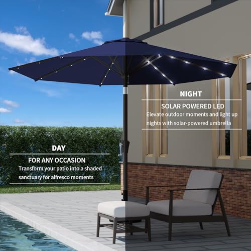 9FT Patio Umbrella with Solar Lights,Outdoor Market Umbrella with Tilt and Crank, LED Lighted Table Umbrella for Garden,Deck,Backyard,Pool,Beach (Navy) - color: Navy