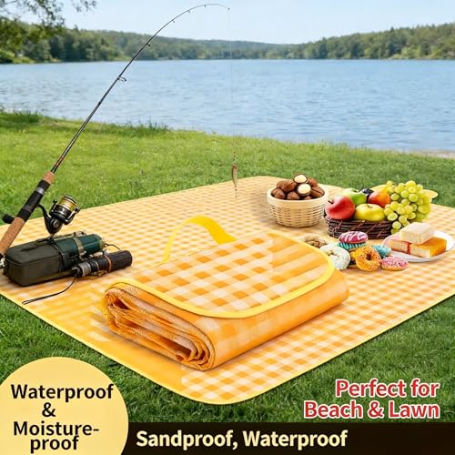 Loulangems Extra Large 2m x 2m Orange Plaid Picnic Mat, Sandproof Waterproof Outdoor Blanket, Orange Plaid Picnic Blanket for Campin and Hiking, Machine Washable