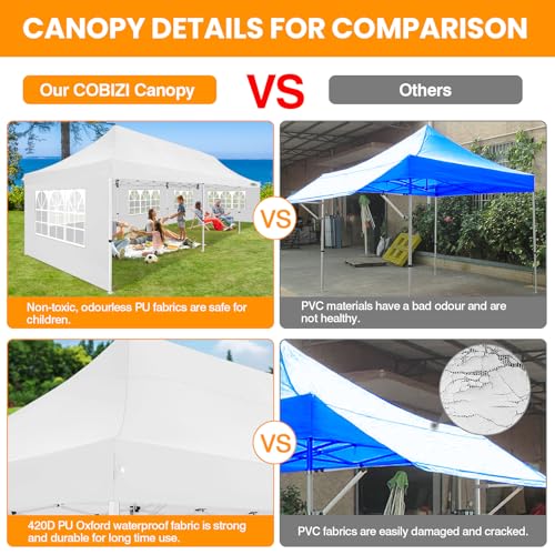 COBIZI 10x30 Pop up Canopy with Roller Bag & 8 Removable Sidewalls, Canopy Tent for Parties, Wedding, and Commercials, Waterproof and Instant Shelter UV50+ Outdoor Gazebo with 4 Sandbags(Pure White) - color: Pure White, size: 10x30FT