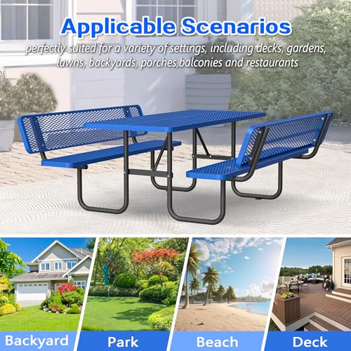 72" Rectangular Metal Picnic Tables for Outdoors with Backrest Seats Umbrella Hole - Coated Steel Heavy Duty Commercial Grade Table, Patio Rectangular Furniture Set for a Lifetime, Blue - color: Blue-backrest