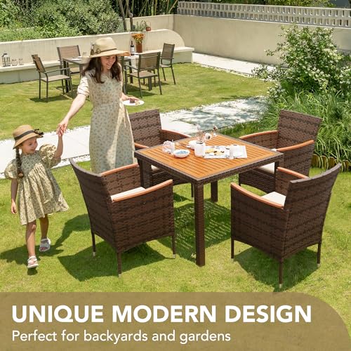 Devoko 5 PCS Furniture, Patio Conversation Set with Acacia Wood Top, Rattan Outdoor Dining Table and Chairs for Backyard, Garden, Deck, Brown - color: Brown, style: 5 Piece Dining Set