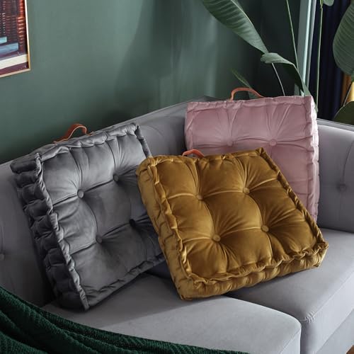 vctops Square Solid Color Velvet Seat Cushion with Handle Tufted Thicken Chair Pad Tatami Floor Pillow Cushion 16.5"x16.5"x4" Grey - color: Grey