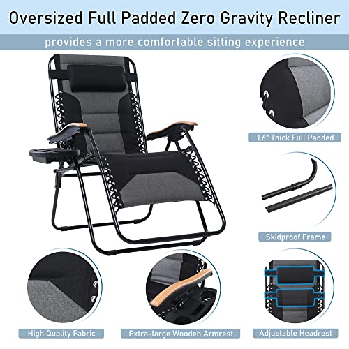 PHI VILLA XXL Oversized Padded Zero Gravity Chair Set of 2, Foldable Patio Recliner, 30" Wide Seat Anti Gravity Lounger with Armrest and Cup Holder, Support 400 LBS (Black) - color: Black, style: 2 Pcs