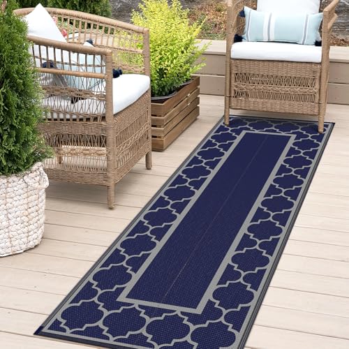 GENIMO 2.5 ' x 8 ' Outdoor Rug for Porch Patio Clearance, Waterproof Indoor Outdoor Plastic Straw Rugs Carpet, Reversible Outside Area Rv Mat for Camping, Balcony, Deck, Picnic, Beach (Blue & Gray) - color: Blue & Grey, size: 2'6" x 8' (Runner)