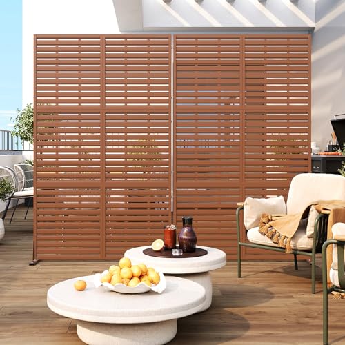 Metal Privacy Screen Outdoor with Stand, 6 ft Tall Decorative Privacy Fence Featuring Simple Assembly, Freestanding Fence Panels & Portable Divider Screens for Patio, Balcony, Garden, Backyard - color: Brown&louvered, size: 72"H x 46.2"D