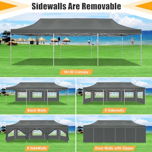 HOTEEL Tents for Parties 10x30 Pop Up Canopy Tent Heavy Duty with 8 Sidewalls, Commercial Party Tent Event Wedding Instant Canopy Waterproof with Carry Bag, UV 50+, Thicked Hexagonal Legs, Grey - color: Gray, size: 10x30FT (+8 Walls)