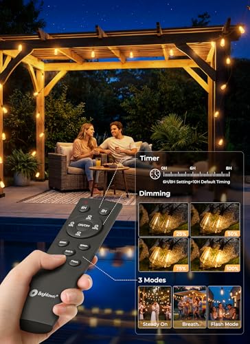 Brightown 58FT Solar String Lights Outdoor Waterproof with Remote, 25+1 LED Shatterproof Bulbs, Dimmable & Timable, 3 Light Modes - Commercial Grade Patio Lights for Garden Backyard Party Decor - size: 58FT(25 Sockets)