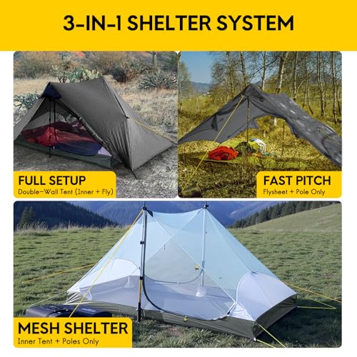 LANSHAN Ultralight Tent 3-Season Backpacking Tent for 1-Person or 2-Person Camping, Trekking, Kayaking, Climbing, Hiking - color: 2-person, dark grey