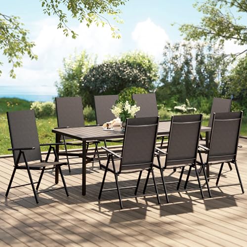 PHI VILLA 9 Piece Patio Dining Set, Patio Furniture Outdoor Dining Set with Adjustable Portable Patio Folding Chairs (Black) & Large Patio Dining Table for Yard, Garden and Deck - color: Black, size: 9 Piece Rectangle