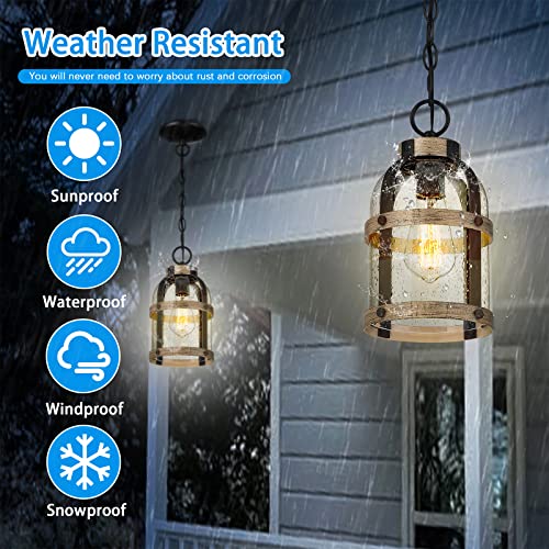 Outdoor Pendant Light for Porch,Modern Exterior Hanging Lantern with Adjustable Chain, in Black and Wood Grain Finish with Seeded Glass for Front Door,Entryway,Farmhouse (Wood Grain) - color: Wood Grain