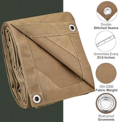 Canvas Tarp 8x10 Feet, 12 Oz Heavy Duty Water Resistant with Rustproof Grommets, UV Resistant, Multipurpose Outdoor Tarpaulin for Camping, Canopy, Woodpile, Trailer (Tan) - color: Tan, size: 8x10
