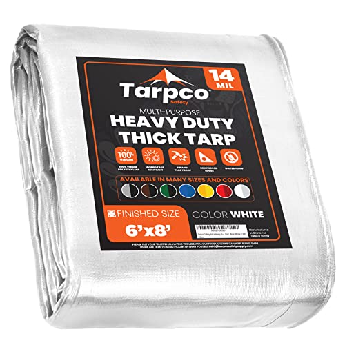 Extra Heavy Duty 14 Mil Tarp Cover, Waterproof, UV Resistant, Rip and Tear Proof, Poly Tarpaulin with Reinforced Edges for Roof, Camping, Patio, Pool, Boat (White 6′ X 8′) - color: White-14 Mil, size: 6′ X 8′