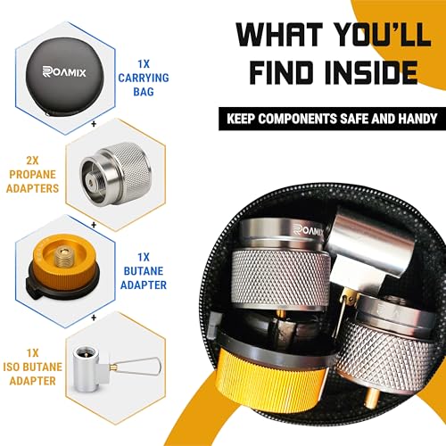 Roamix 4PCS Multi Fuel Gas Adapter Set - EN417 Lindal Valve & Butane to Propane Adapter for Camping Stove with Carrying Bag
