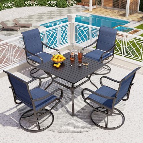 PHI VILLA 5 PCS Patio Dining Set with 4 Padded Outdoor Swivel Dining Chairs(Blue) and 37"x 37" Metal Steel Dining Table(1.57" Umbrella Hole), Outdoor Dining Table & Chairs Set for Deck Lawn Garden - color: Blue Padded Fabric, size: 37"L x 37"W x 28"H-Meta