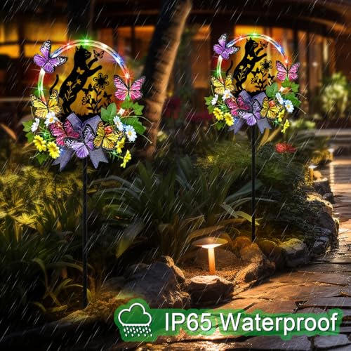 Cat Solar Lights Outdoor Garden,Silhouette Cat with Butterflies Waterproof Garden Stake for Yard, Lawn,Best Gifts for Women - color: Black Cat