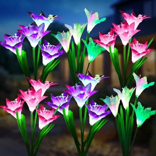 KOOPER Outdoor Solar Lights, 6 Pack Solar Garden Light with Bigger Lily Flowers, Waterproof 7 Color Changing Solar Lights Outdoor - Bigger Panel for Patio Yard Garden Decoration, Gift for Mom - size: 6 Pack