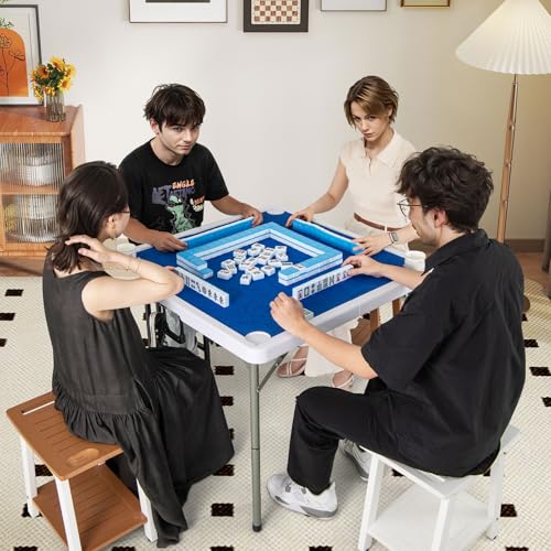 Goplus Mahjong Table, 35" Square Folding Card Table w/4Cup Holders, Anti Slip Mat, HDPE Tabletop, Metal Legs, Portable Mahjong Game Table for Domino Game, Picnic (Navy, Table w/Removable Mat) - style: Navy, Table w/Removable Mat