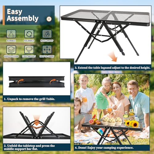 HPC DECOR Grill Table with Mesh Desktop,200lbs 3Ft Portable Folding Table,Camping Table,Picnic Table,Height Adjustable Metal Table for Ourdoor, Camping, Picnic, BBQ and Beach, RV, 35.4" L x 23.6" W - size: 3*2FT