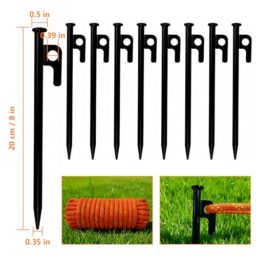 9 Pack Tent Stakes Heavy Duty with 3x5m Ropes for Camping Family 8 inch Non-Rust Metal Ground Anchors for Halloween Christmas Outdoor Decorations (Black) - size: 20cm/7.87in&Rope