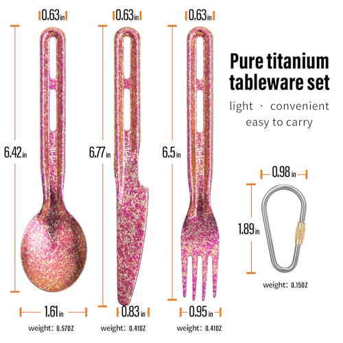 TiTo Titanium 3 Piece Cutlery Set, Ultralight Portabale Titanium Fork Spoon & Knife Tableware for Outdoor Camping Hiking Backpacking Travel Picnic Flatware with Titanium Carabiner (Rose Pink) - color: Rose Pink