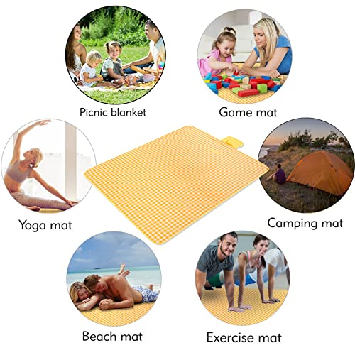 Picnic Blanket Beach Mat Extra Large Sandproof Waterproof Camping Blanket Portable Travel Blanket Play Mat for Outdoor Indoor Family Women Men Kids Beach BBQ Park Grass, 79"x57" - color: Yellow Grid