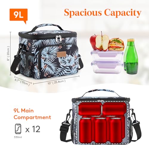 Lifewit Reusable Insulated Lunch Bag, Portable Cooler Freezable Soft Lunchbox Leakproof with Adjustable Shoulder Strap for Men Women Adult for Work Picnic or Travel, 9L 12 Can, Flower - color: Flower, size: Medium(9L)