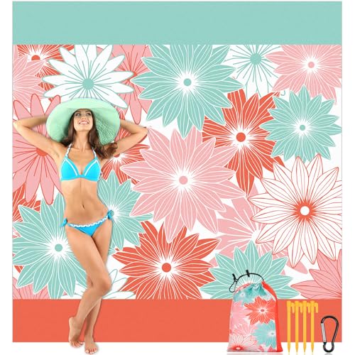 Drydiet Outdoor Picnic Blanket Beach Blanket Sandproof Waterproof Extra Large Beach Mat for 1-8 Adults Quick Drying Oversized Mat for Outdoor Picnic Camping Hiking(Orange and Cyan,78'' X 81'')