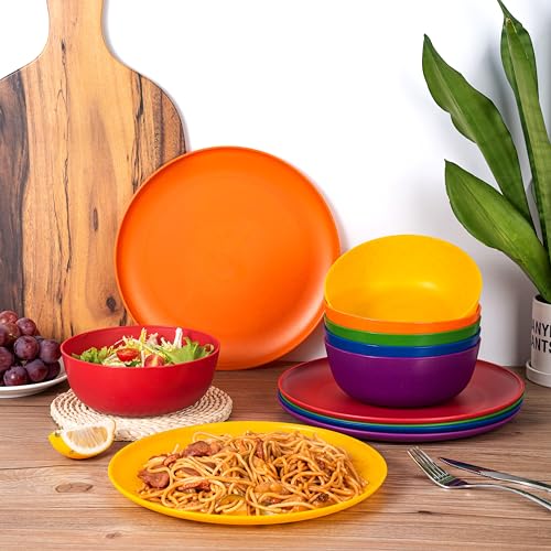 10.5 inch Wheat Straw Dinner Plates Plastic Plates Reusable, set of 12 Multicolor Microwave and Dishwasher Safe BPA Free Eco Friendly