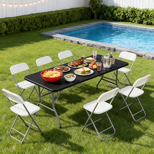 BestOffice 6 FT Picnic Table, Portable Plastic Folding Table with Carrying Handle Perfect for Picnics, Parties, Party and Camping, Black Wood Grain - color: Black Wood Grain, size: 6 FT 70"x28"